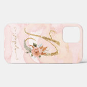 Monogram Letter D Gold Script Waterverf Floral Case-Mate iPhone Case (Achterkant (horizontaal))