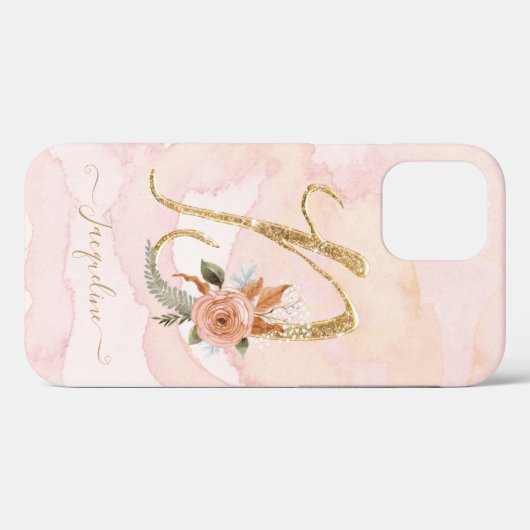 Monogram Letter D Gold Script Waterverf Floral Case-Mate iPhone Case (Achterkant (horizontaal))