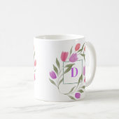 Monogram Letter D Paarse & Wit met bloemen Koffiemok (Voorkant rechts)