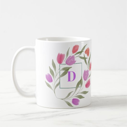 Monogram Letter D Paarse & Wit met bloemen Koffiemok (Links)