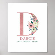 Monogram Letter D Roze Waterverf Floral Neursery
