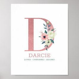Monogram Letter D Roze Waterverf Floral Neursery Poster