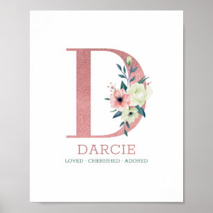 Monogram Letter D Roze Waterverf Floral Neursery Poster