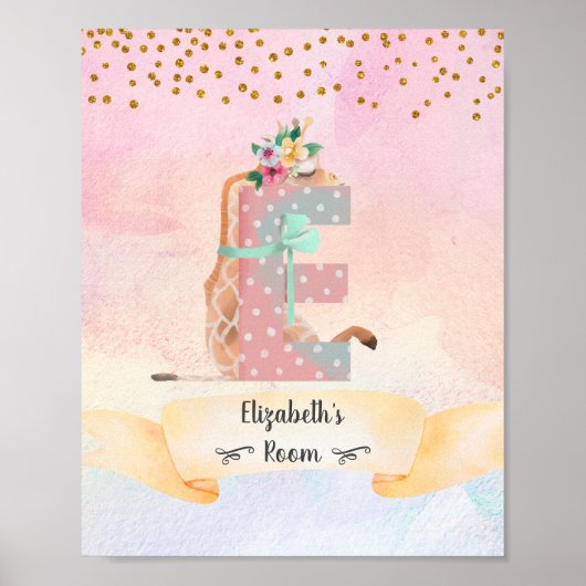 Monogram Letter E Baby Giraffe Meisje Kinderkamer  Poster (Voorkant)