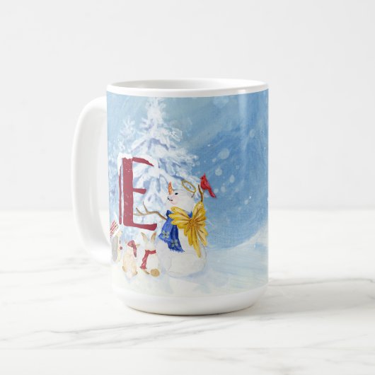Monogram Letter E Kerstmis Snowman Angel Woodland Koffiemok (Voorkant links)