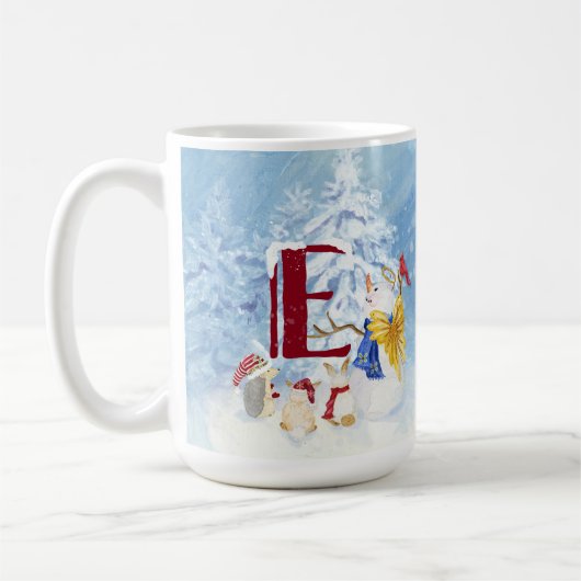 Monogram Letter E Kerstmis Snowman Angel Woodland Koffiemok (Links)