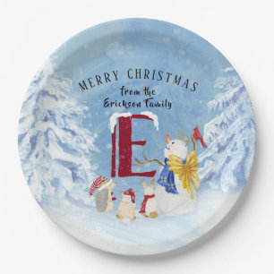 Monogram Letter E Kerstmis Snowman Angel Woodland Papieren Bordje