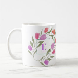 Monogram Letter E Paarse & Wit met bloemen Koffiemok