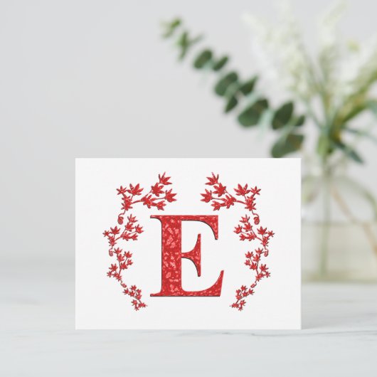 Monogram Letter E Red Leaves Briefkaart (Staand voorkant)