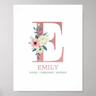 Monogram Letter E Roze Waterverf Bloemenkinderkame Poster