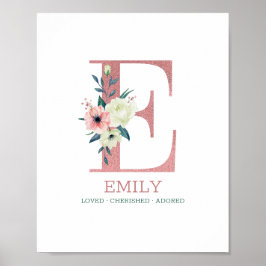Monogram Letter E Roze Waterverf Floral Neursery Poster