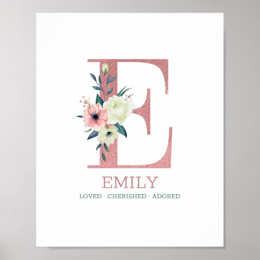 Monogram Letter E Roze Waterverf Floral Neursery Poster (Voorkant)