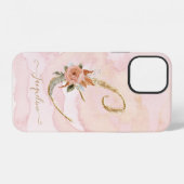 Monogram Letter E Script Goud Waterverf Bloem iPhone Hoesje (Achterkant horizontaal)