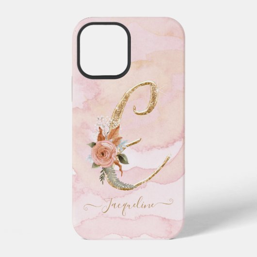 Monogram Letter E Script Goud Waterverf Bloem iPhone Hoesje (Achterkant)