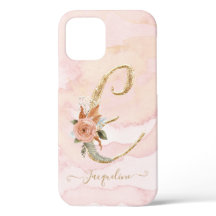 Monogram Letter E Script Gouden Waterverf Bloemen