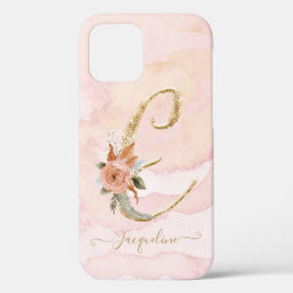 Monogram Letter E Script Gouden Waterverf Bloemen Case-Mate iPhone Case