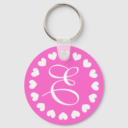 Monogram letter E sleutelhanger met wit liefdeshar (Voorkant)