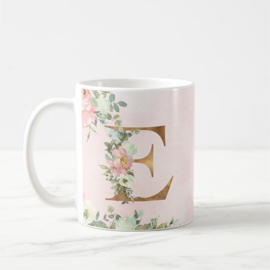 Monogram Letter E Waterverf Floral Coffee Mok (Links)