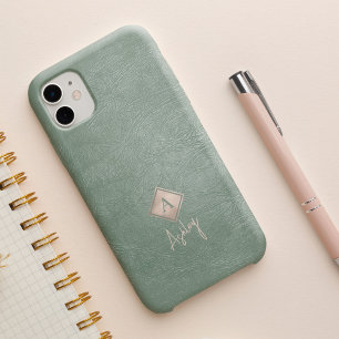 Monogram letter en script naam sage leer iPhone 16 hoesje