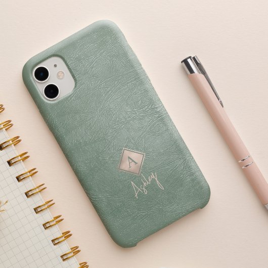 Monogram letter- en scriptnaam salie leer Case-Mate iPhone case