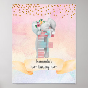 Monogram Letter F Baby Olifant Meisje Nursery Poster