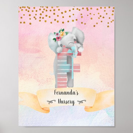Monogram Letter F Baby Olifant Meisje Nursery Poster (Voorkant)
