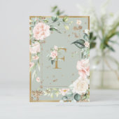Monogram Letter F Elegant Green Floral Rozen Bedankkaart (Staand voorkant)