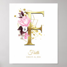 Monogram Letter F Gold Foil & Pink Floral Nursery