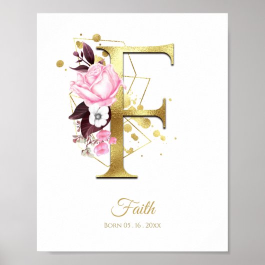 Monogram Letter F Gold Foil & Pink Floral Nursery Poster (Voorkant)