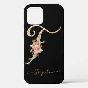 Monogram Letter F Gold Script Roze Floral Black Case-Mate iPhone Case