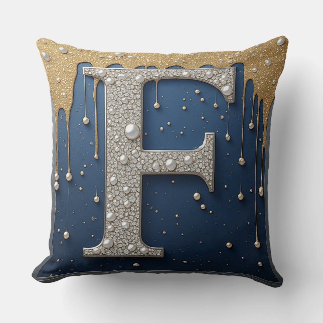 Monogram Letter F Marine Goud Druppelende Verf Kussen (Voorkant)