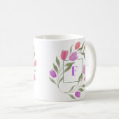 Monogram Letter F Paarse & Wit met bloemen Koffiemok (Voorkant rechts)
