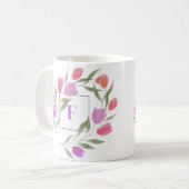 Monogram Letter F Paarse & Wit met bloemen Koffiemok (Voorkant links)