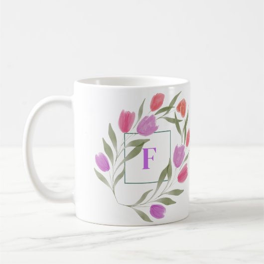 Monogram Letter F Paarse & Wit met bloemen Koffiemok (Links)