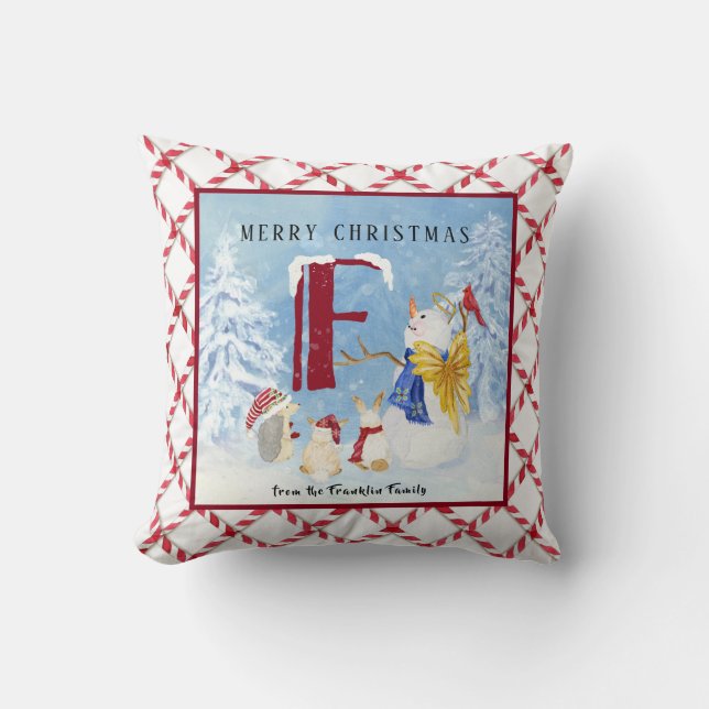 Monogram Letter F Schattig Angel Snowman Forest Kussen (Voorkant)