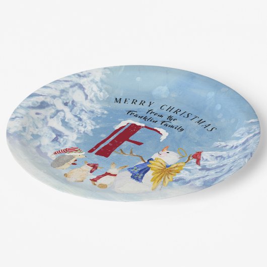 Monogram Letter F Schattig Angel Snowman Forest Papieren Bordje (Gekanteld)