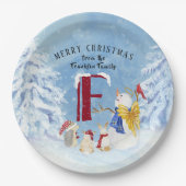 Monogram Letter F Schattig Angel Snowman Forest Papieren Bordje (Voorkant)