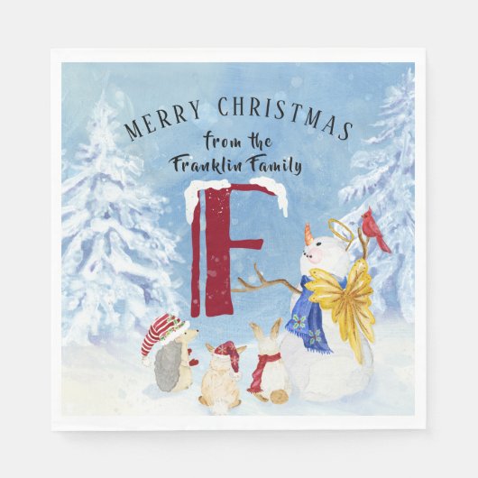 Monogram Letter F Schattig Angel Snowman Forest Servet (Voorkant)