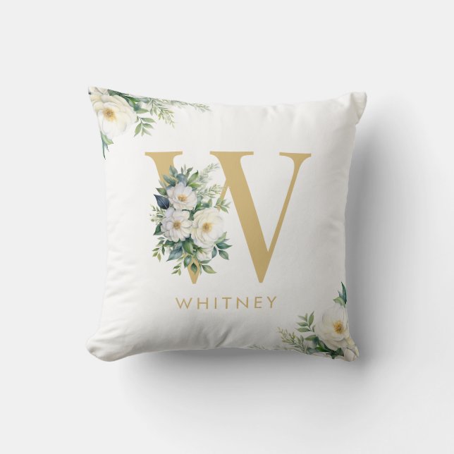 Monogram Letter Floral Initiaal Naam Kussen (Voorkant)