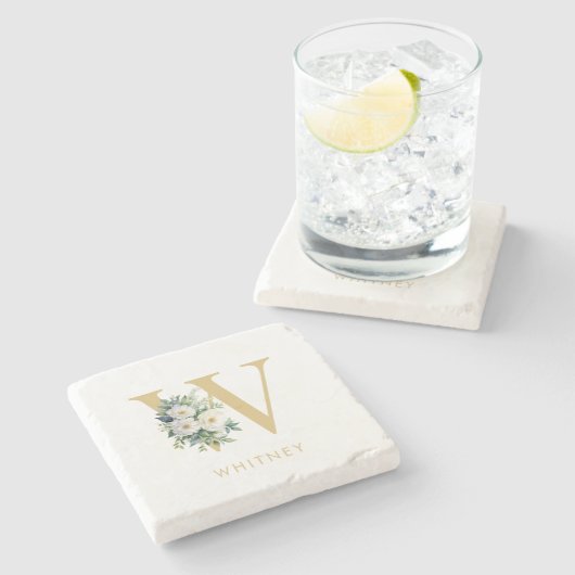 Monogram Letter Floral Initiaal Naam Stenen Onderzetter (Zijkant)