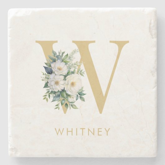 Monogram Letter Floral Initiaal Naam Stenen Onderzetter (Voorkant)