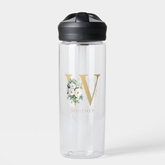 Monogram Letter Floral Initiaal Naam Waterfles (Voorkant)