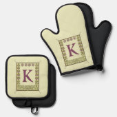  Monogram Letter Floral Lijst Nouveau Ovenwant & Pannenlap Set (Voorkant / Achterkant)