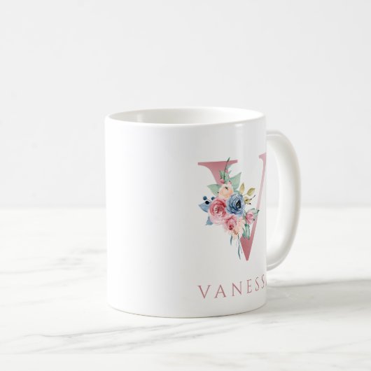 Monogram Letter/Floral Waterverf Koffie Mok (Voorkant rechts)