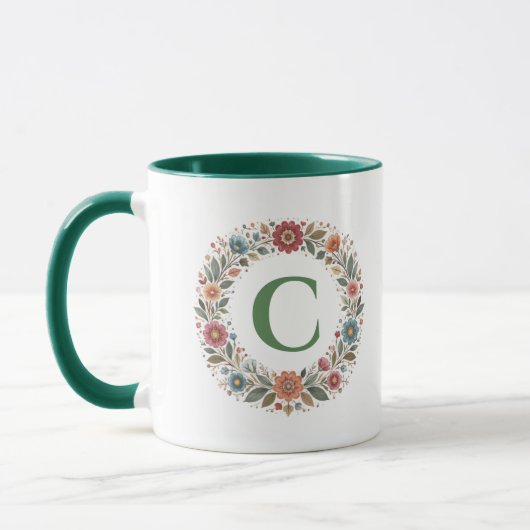Monogram Letter Folk Bloemen Krans Aangepast Gesch Mok (Links)