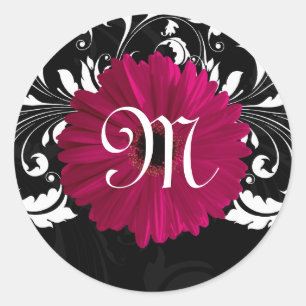 Monogram Letter Fuchsia, Black/White Gerbera Daisy Ronde Sticker