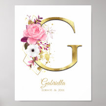 Monogram Letter G Gold Foil & Pink Floral Nursery