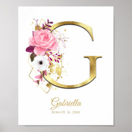 Monogram Letter G Gold Foil & Pink Floral Nursery Poster