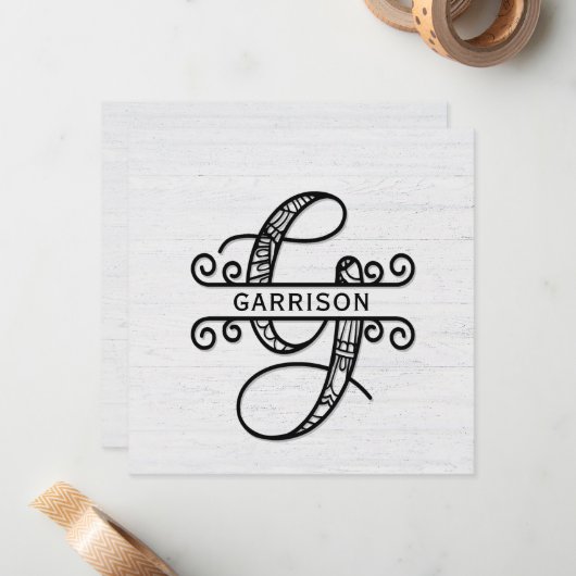 Monogram Letter G met familienaam Notitiekaartje (Voorkant / Achterkant in situ)