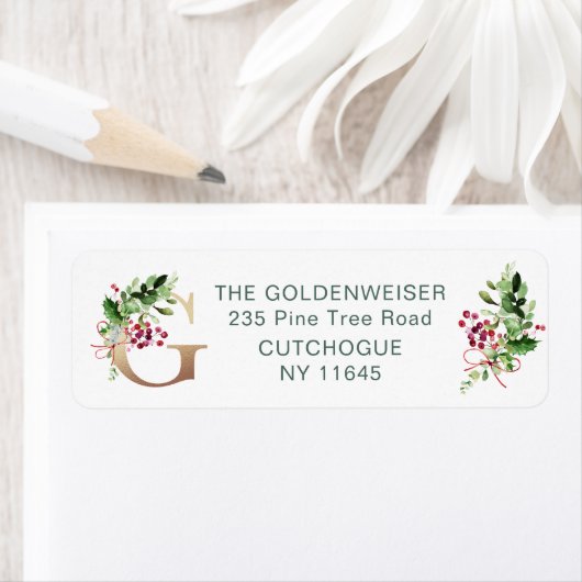 Monogram letter G, Pine Holly Berry Label (Insitu)